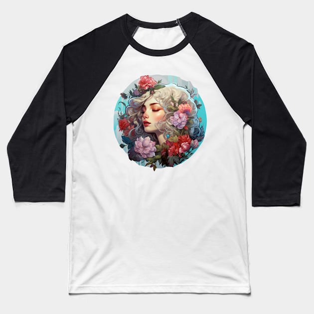 Beautiful girl surrounded by flowers Baseball T-Shirt by Liana Campbell